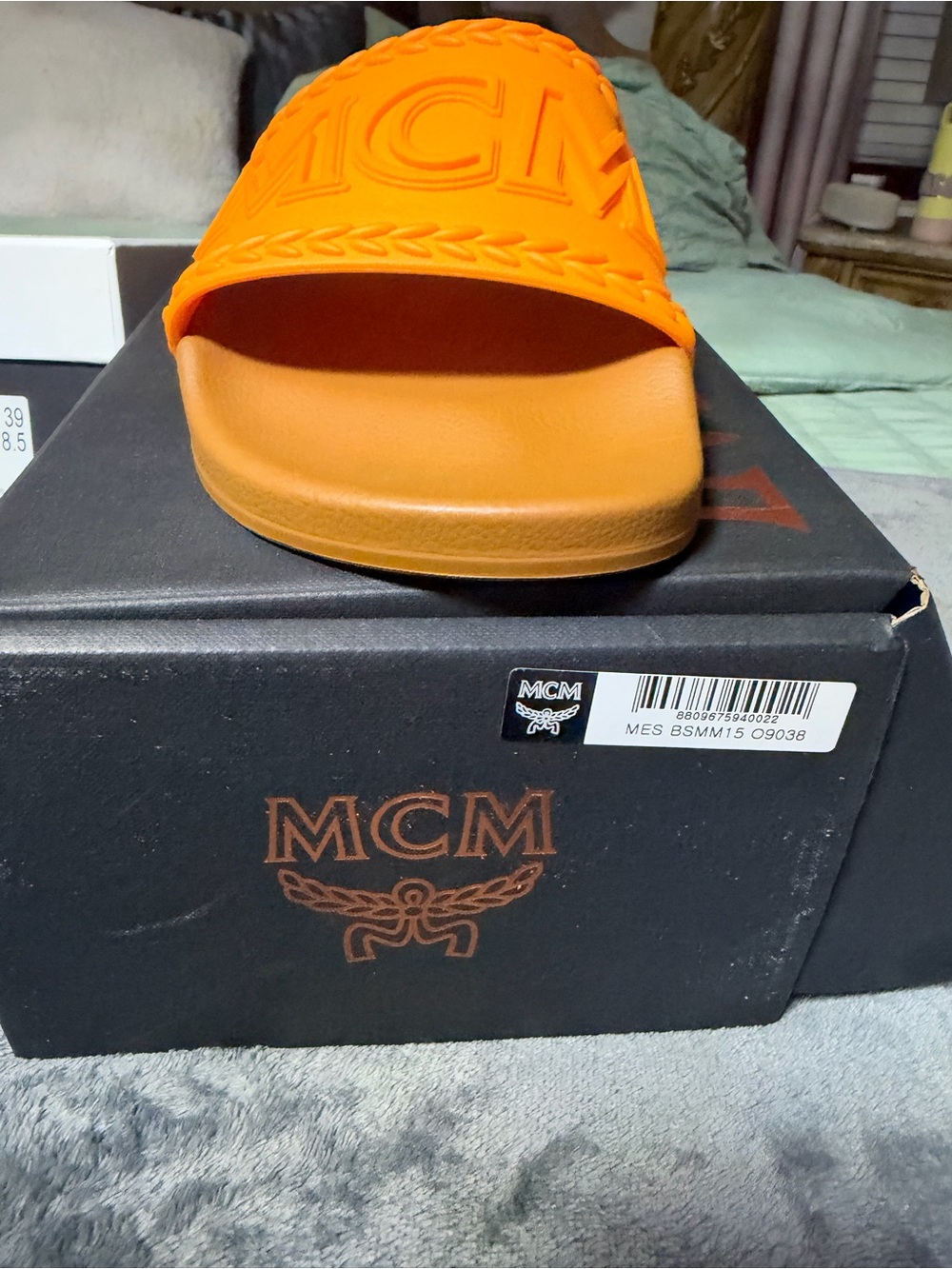 MCM Women’s Orange Rubber Logo Slide Sandals